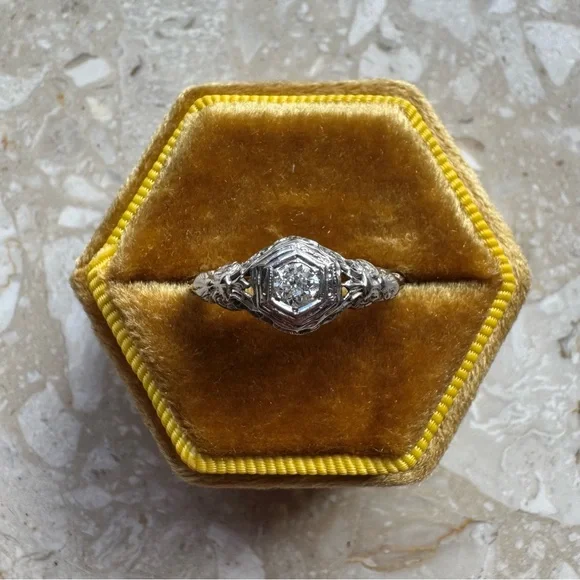Antique Filigree 14k White Gold Old Mine Cut Diamond Engagement Ring - Picture 5 of 16